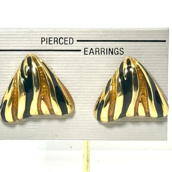 Vintage Gold & Black Abstract Enamel Triangle Earrings - Picture 6 of 9
